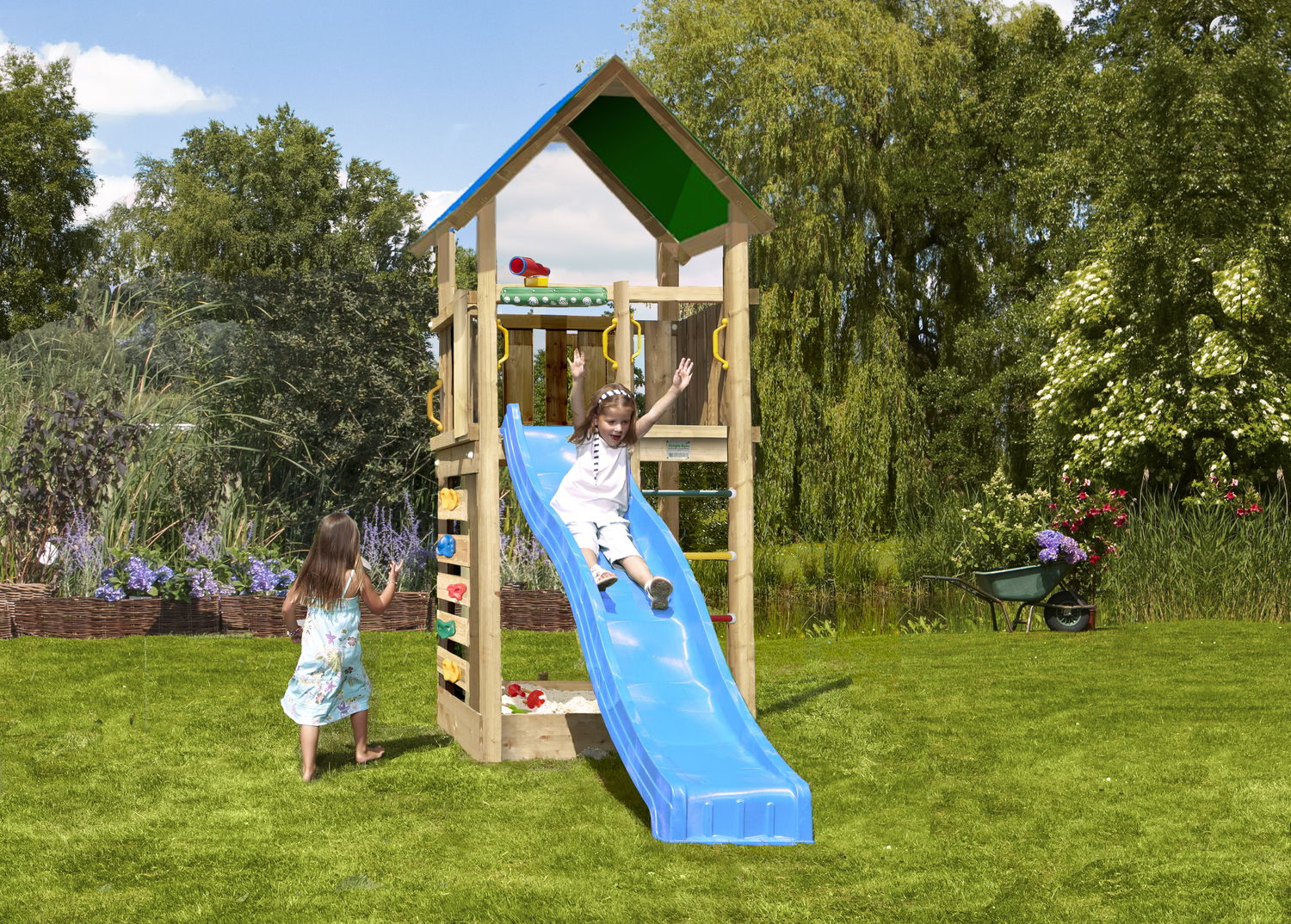 Produktbillede af Legetårn Jungle Gym Lodge 2.1 inkl. blå rutschebane på tilbud i høj kvalitet