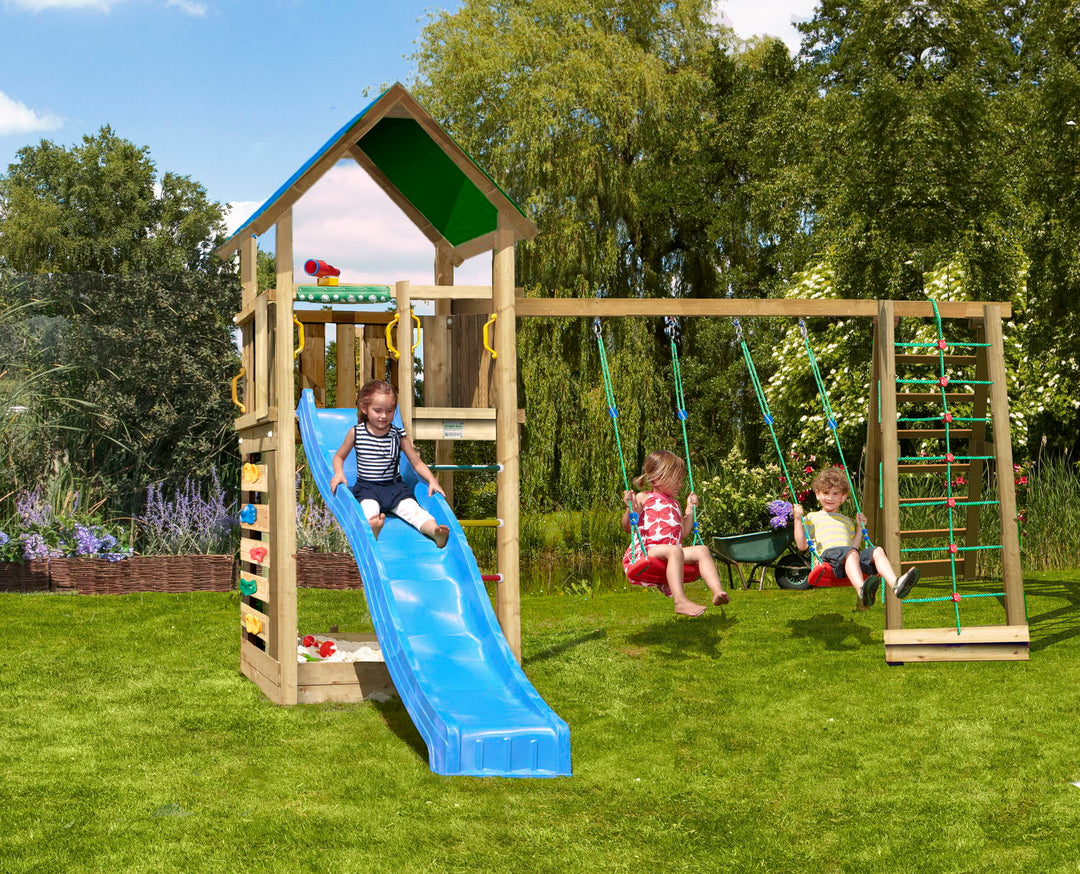 Produktbillede af Legetårn Jungle Gym Lodge 2.1 inkl. Climb Module og blå rutschebane på tilbud i høj kvalitet
