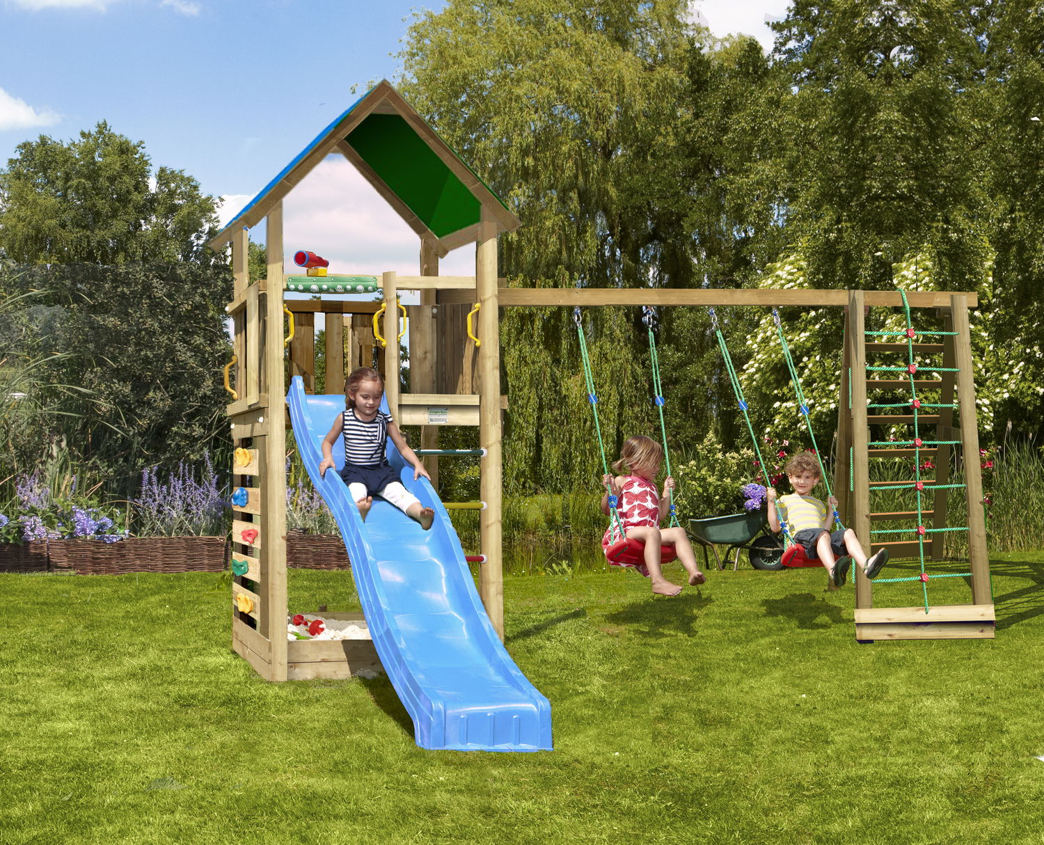 Produktbillede af Legetårn Jungle Gym Lodge 2.1 inkl. Climb Module og blå rutschebane på tilbud i høj kvalitet