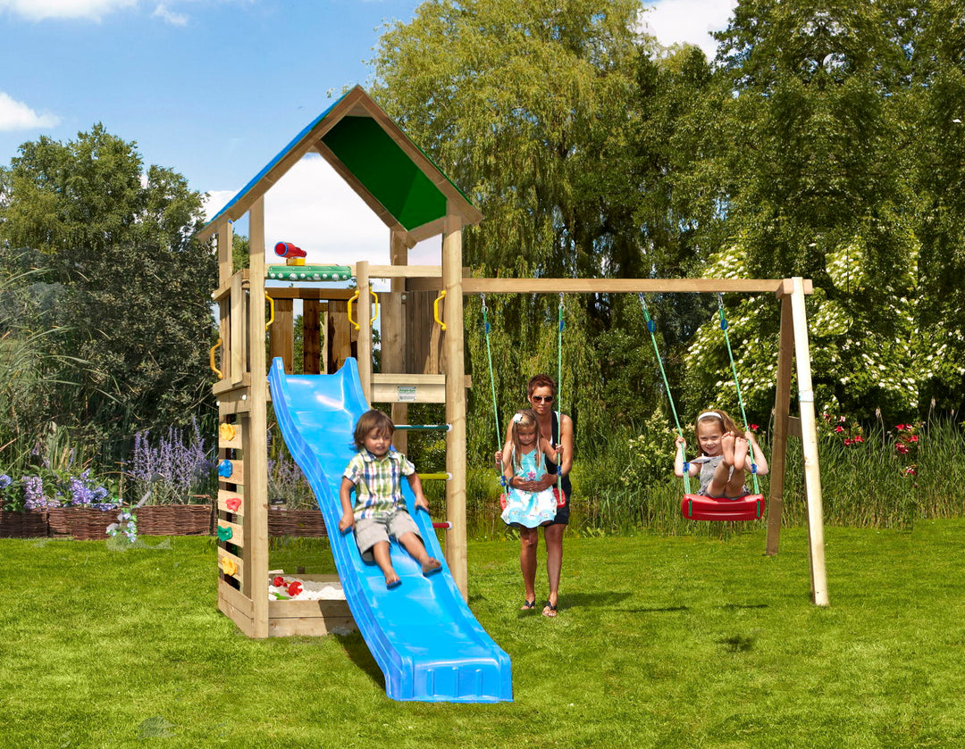 Produktbillede af Legetårn Jungle Gym Lodge 2.1 inkl. Swing Module og blå rutschebane på tilbud i høj kvalitet