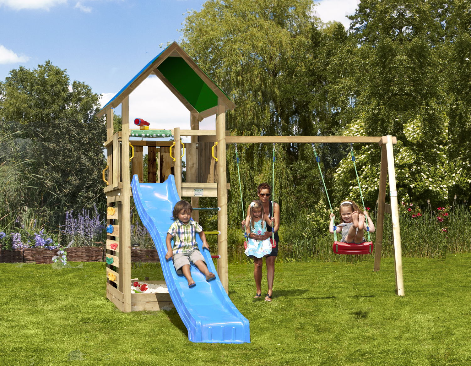 Produktbillede af Legetårn Jungle Gym Lodge 2.1 inkl. Swing Module og blå rutschebane på tilbud i høj kvalitet