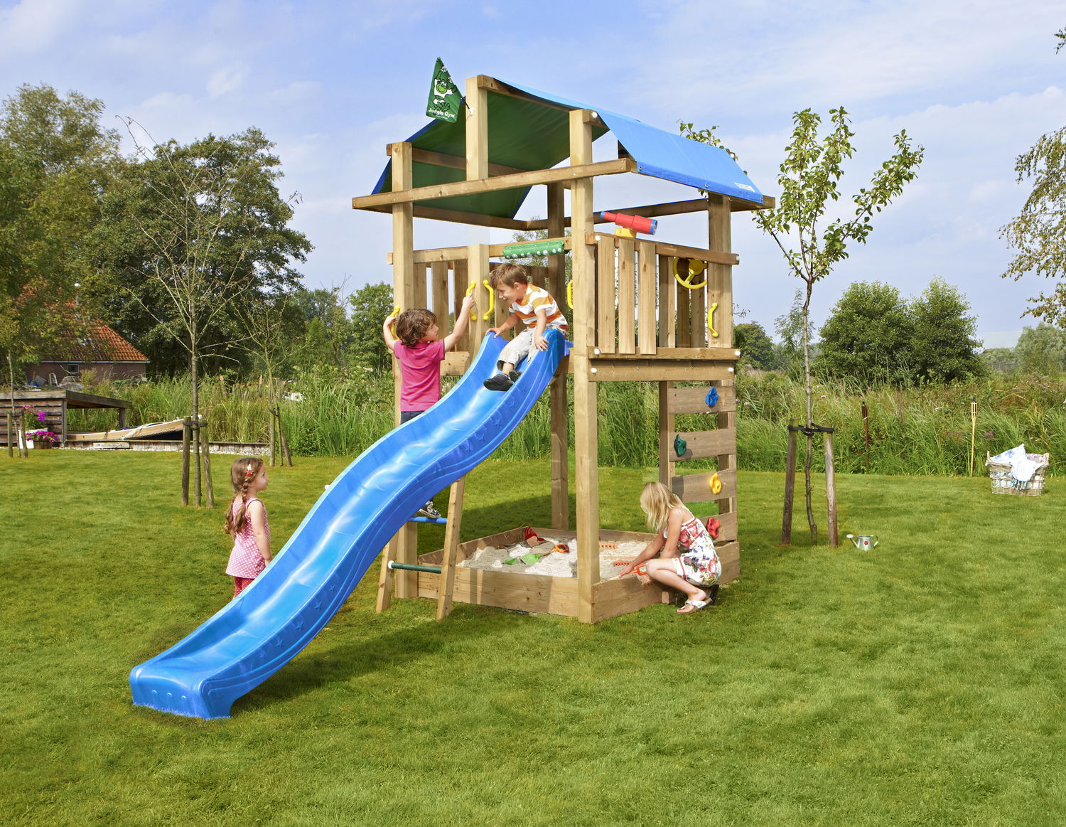 Produktbillede af Legetårn Jungle Gym Fort 2.1 inkl. blå rutschebane på tilbud i høj kvalitet