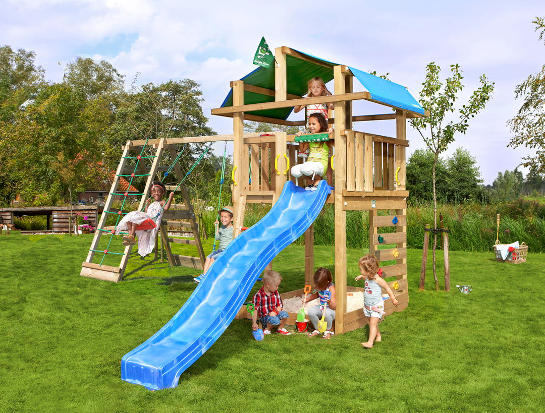 Produktbillede af Legetårn Jungle Gym Fort 2.1 inkl. Climb Module og blå rutschebane på tilbud i høj kvalitet