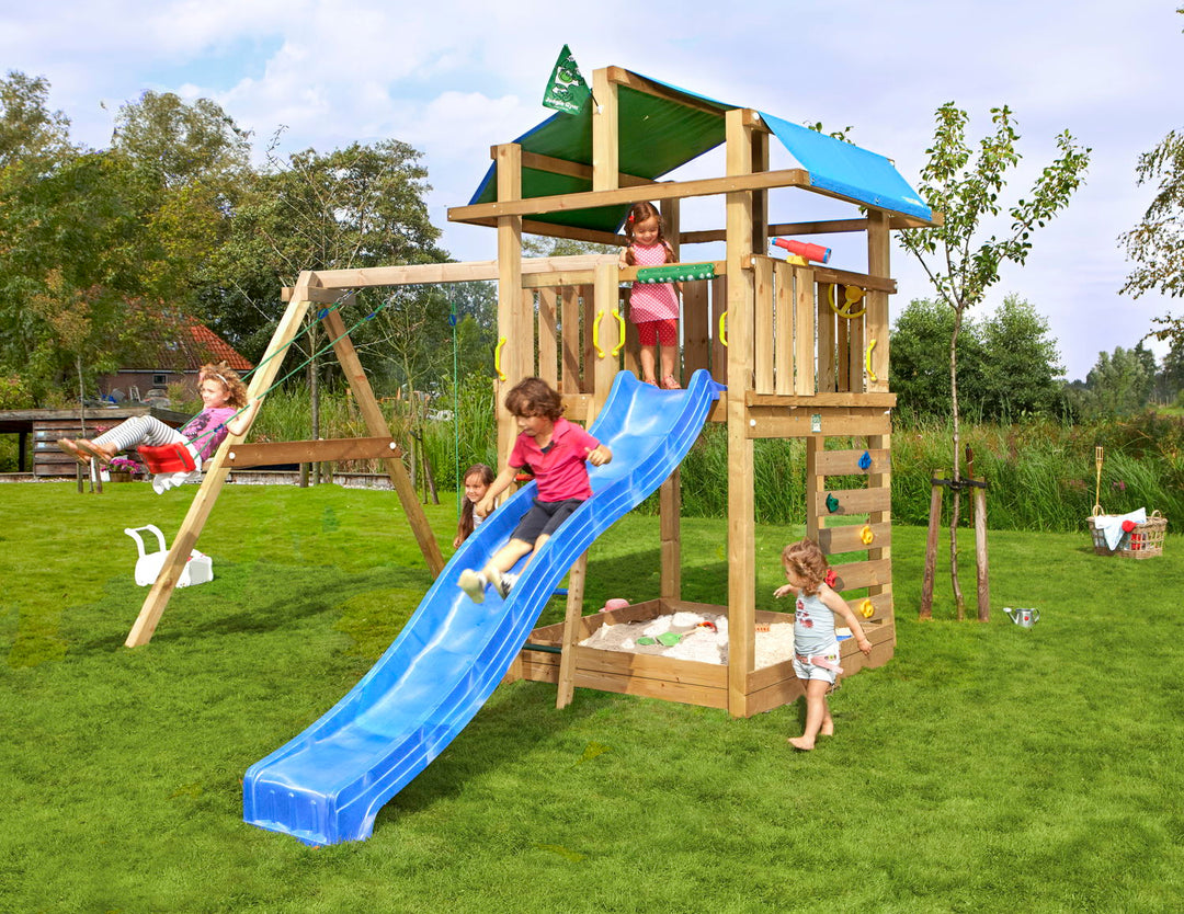 Produktbillede af Legetårn Jungle Gym Fort 2.1 inkl. Swing Module og blå rutschebane på tilbud i høj kvalitet