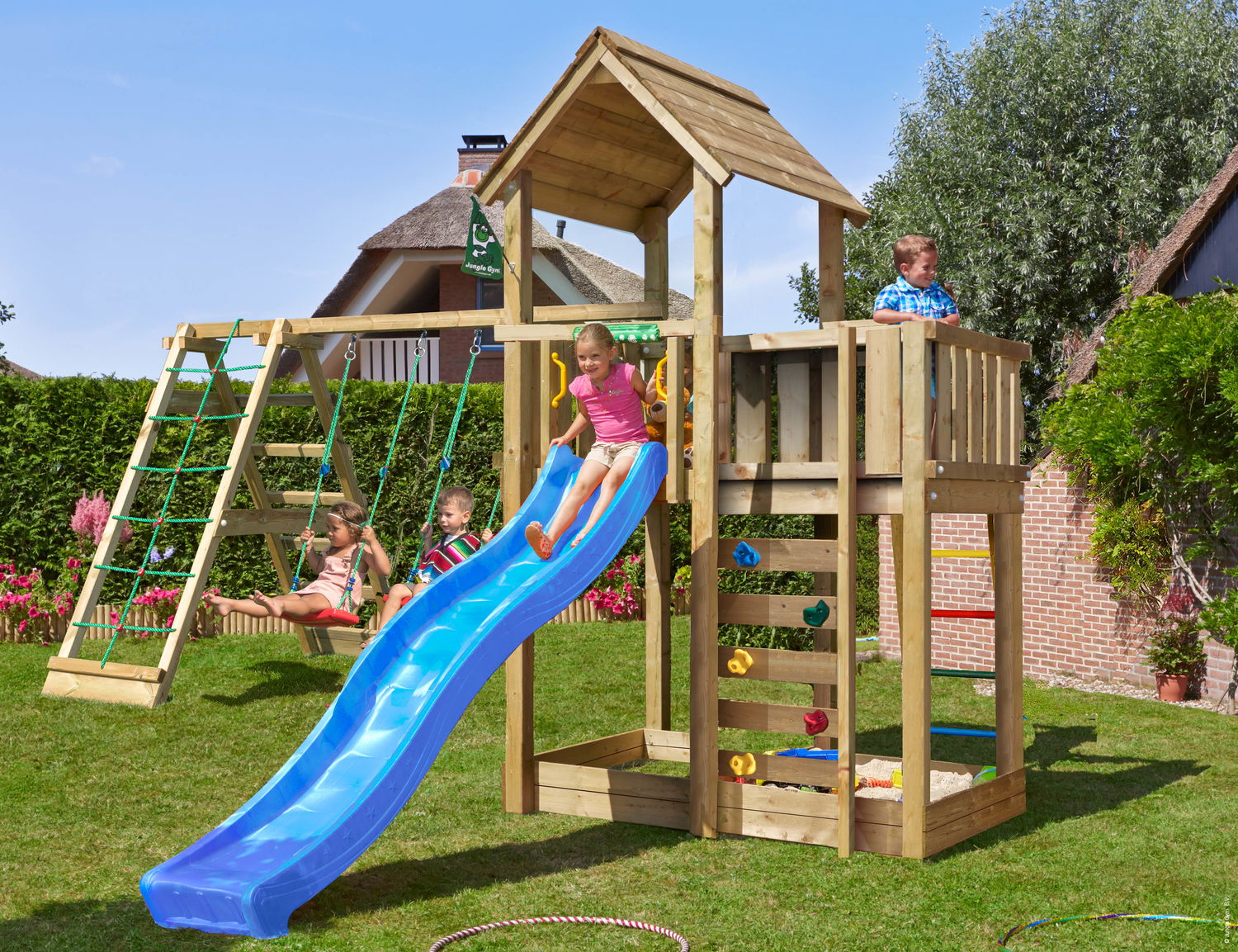 Produktbillede af Legetårn Jungle Gym Mansion 2.1 m/2-Climb Module 220 blå rutsjebane og 120 kg sand på tilbud i høj kvalitet