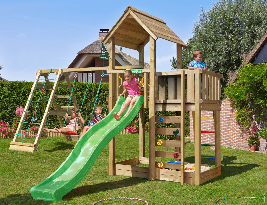 Produktbillede af Legetårn Jungle Gym Mansion 2.1 m/2-Climb Module 220 grøn rutsjebane og 120 kg sand på tilbud i høj kvalitet