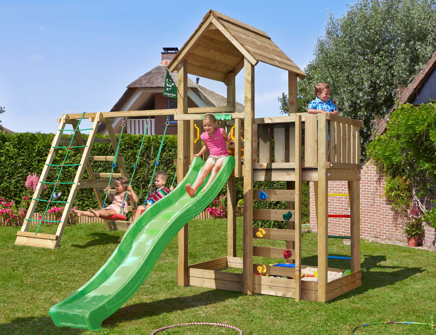 Produktbillede af Legetårn Jungle Gym Mansion 2.1 m/2-Climb Module 220 grøn rutsjebane og 120 kg sand på tilbud i høj kvalitet