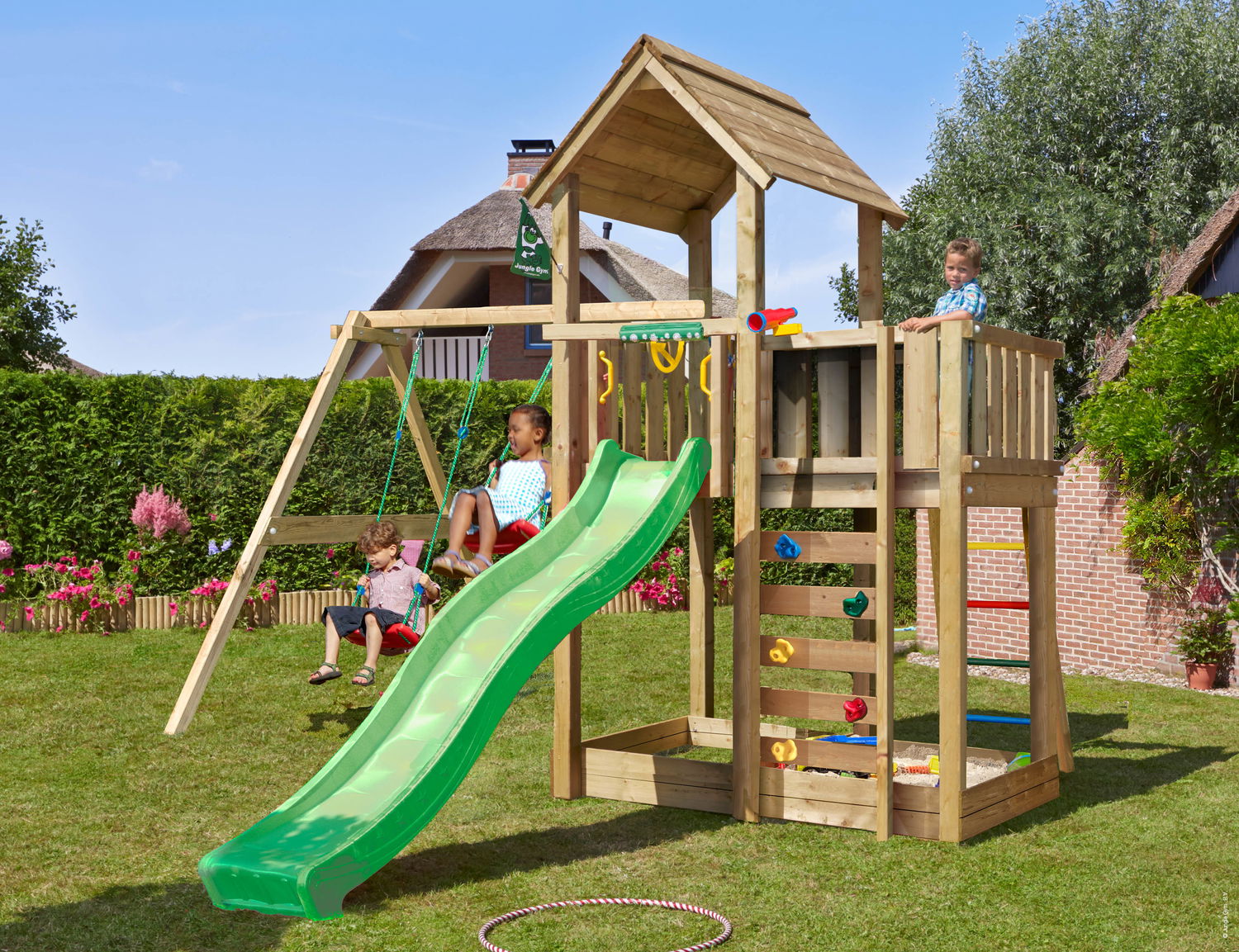 Produktbillede af Legetårn Jungle Gym Mansion 2.1 m/2-Swing Module 220 ekskl. rutsjebane på tilbud i høj kvalitet