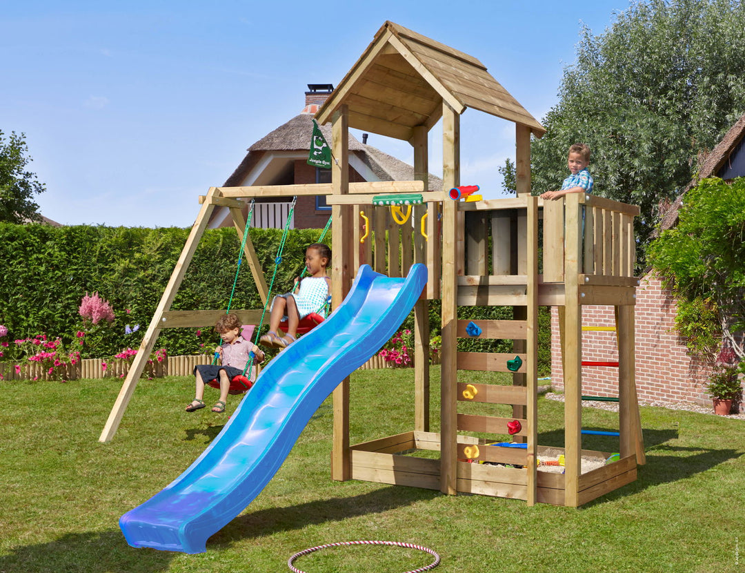 Produktbillede af Legetårn Jungle Gym Mansion 2.1 m/2-Swing Module 220 og blå rutsjebane på tilbud i høj kvalitet
