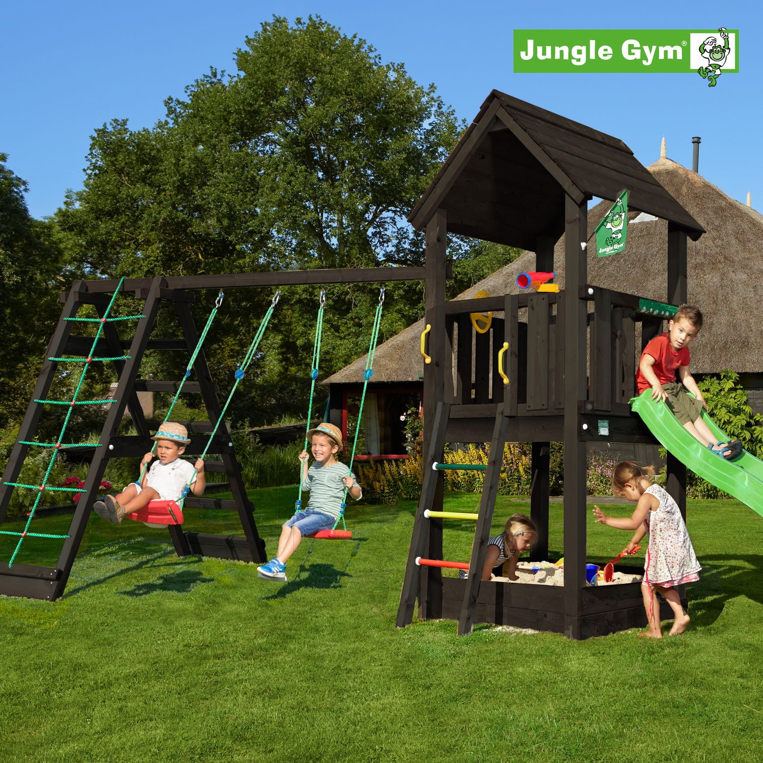 Produktbillede af Jungle Gym Club legetårn komplet inkl. climb module xtra og rutschebane grundmalet sort på tilbud i høj kvalitet