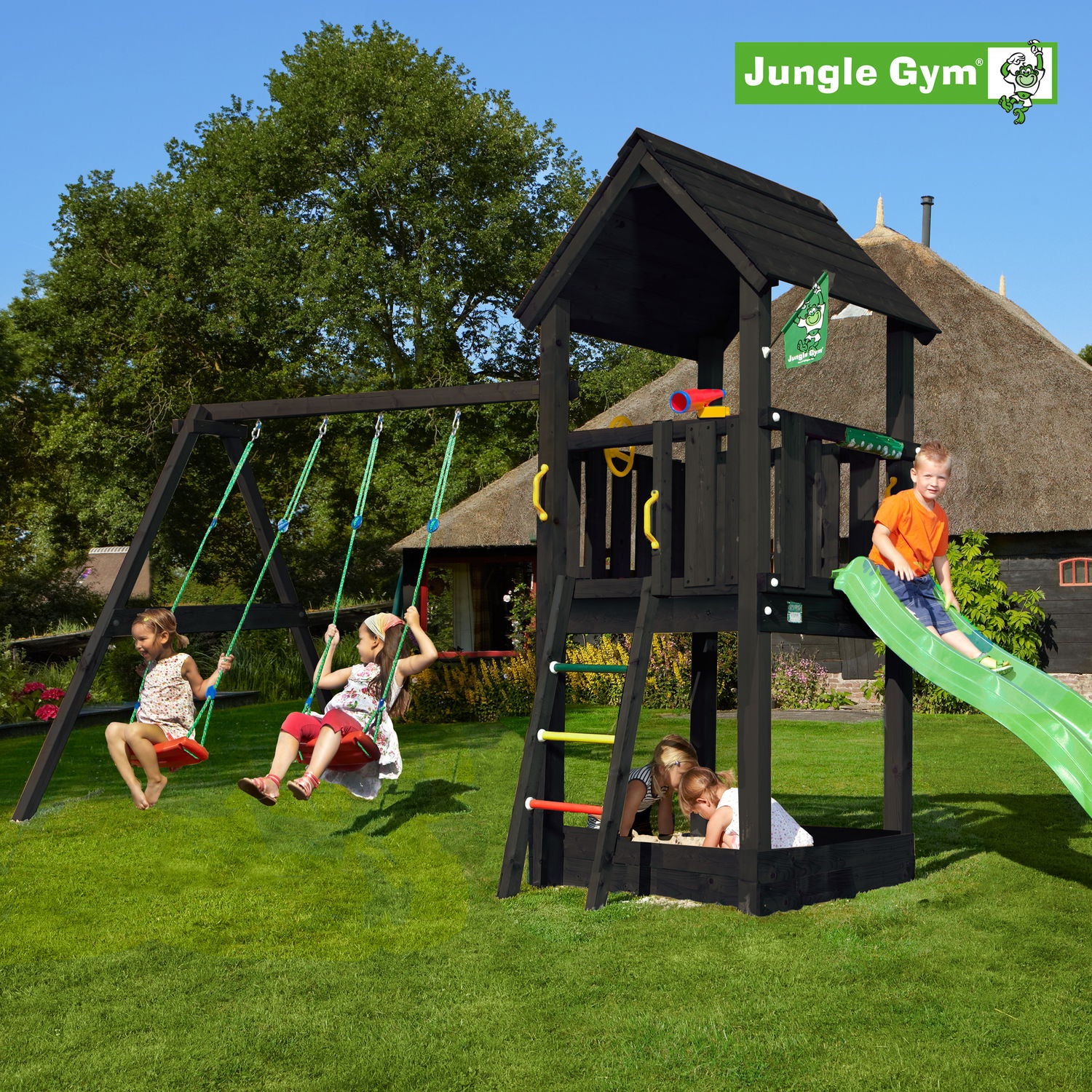 Produktbillede af Jungle Gym Club legetårn komplet inkl. swing module xtra ekskl. rutschebane grundmalet sort på tilbud i høj kvalitet