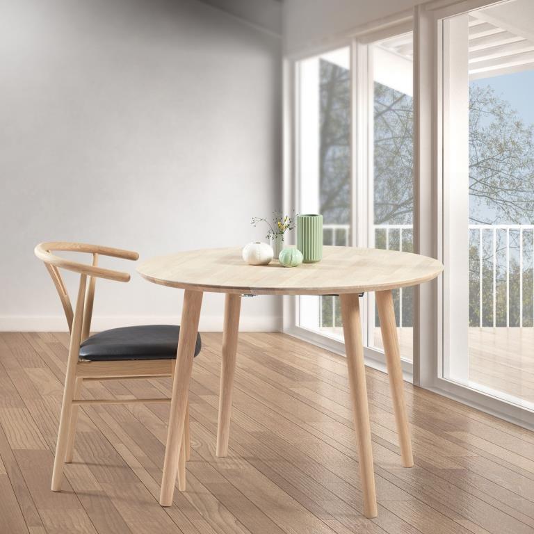 Produktbillede af DT 100 Rundt spisebord ø 100 cm. med 1 tillægsplade i massiv eg Sæbebehandlet på tilbud i høj kvalitet