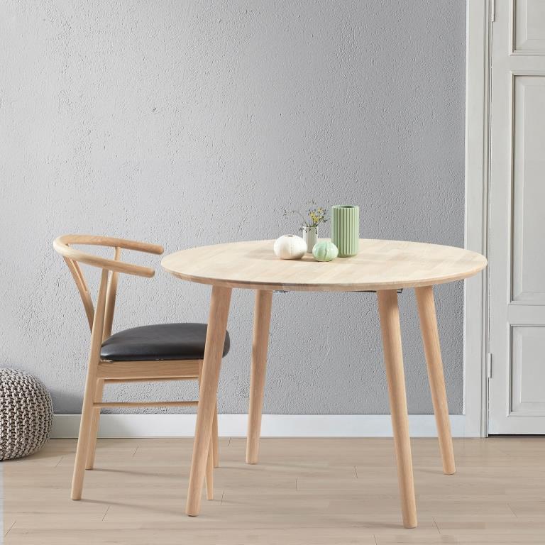 Produktbillede af DT 100 Rundt spisebord ø 110 cm. med 2 tillægsplader i massiv eg Hvid olieret på tilbud i høj kvalitet