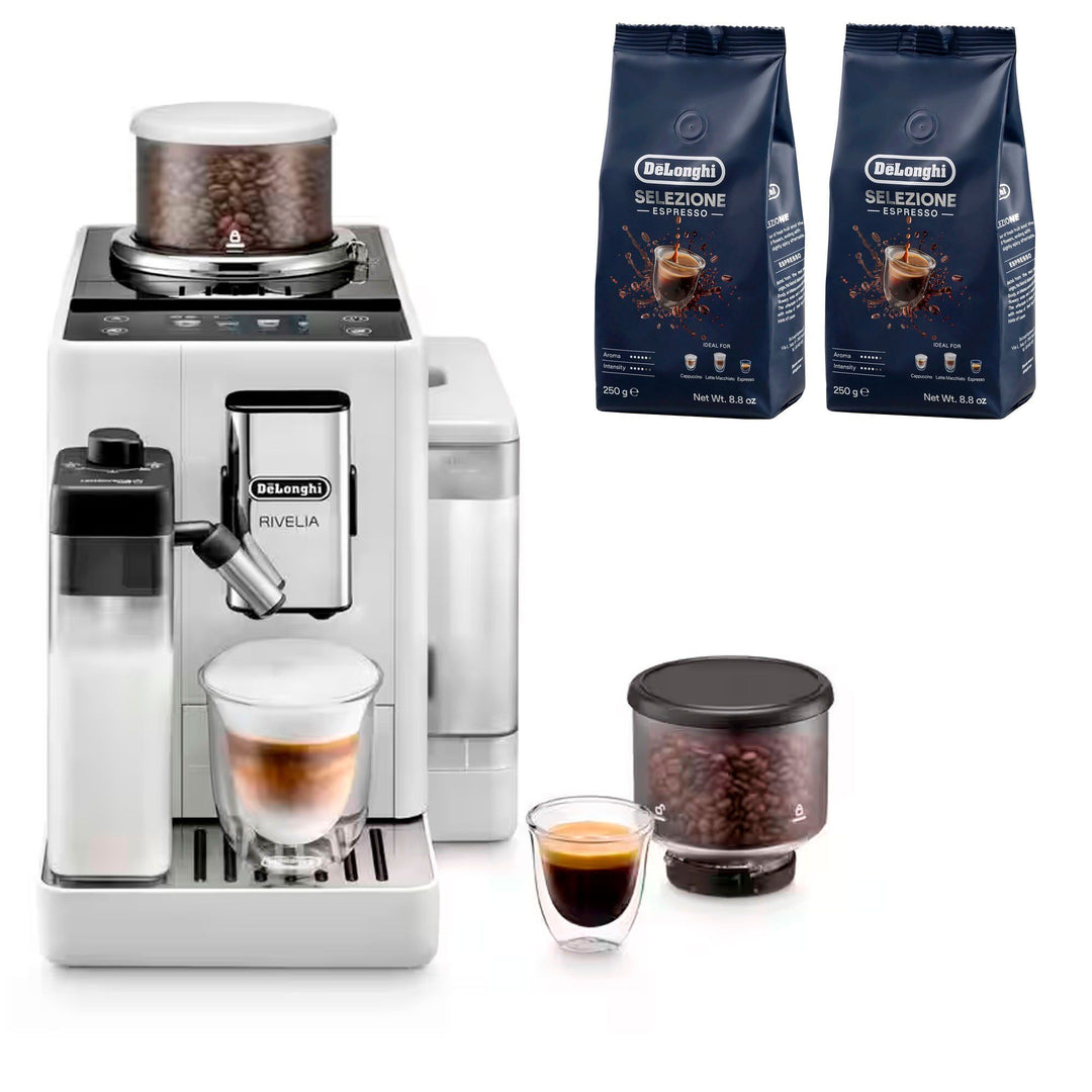 Delonghi Delonghi Rivelia Helautomatisk kaffemaskine, hvid & 2 stk kaffebønner DLSC600 – vinkelbillede (Espressomaskiner)