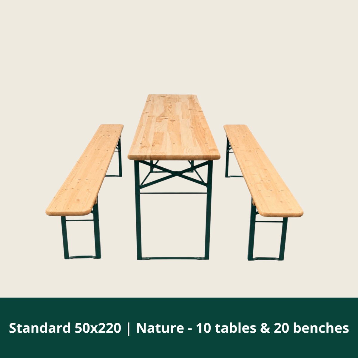 Standard bordbænkesæt 220 x 50 cm i natur med 10 borde og 20 bænke