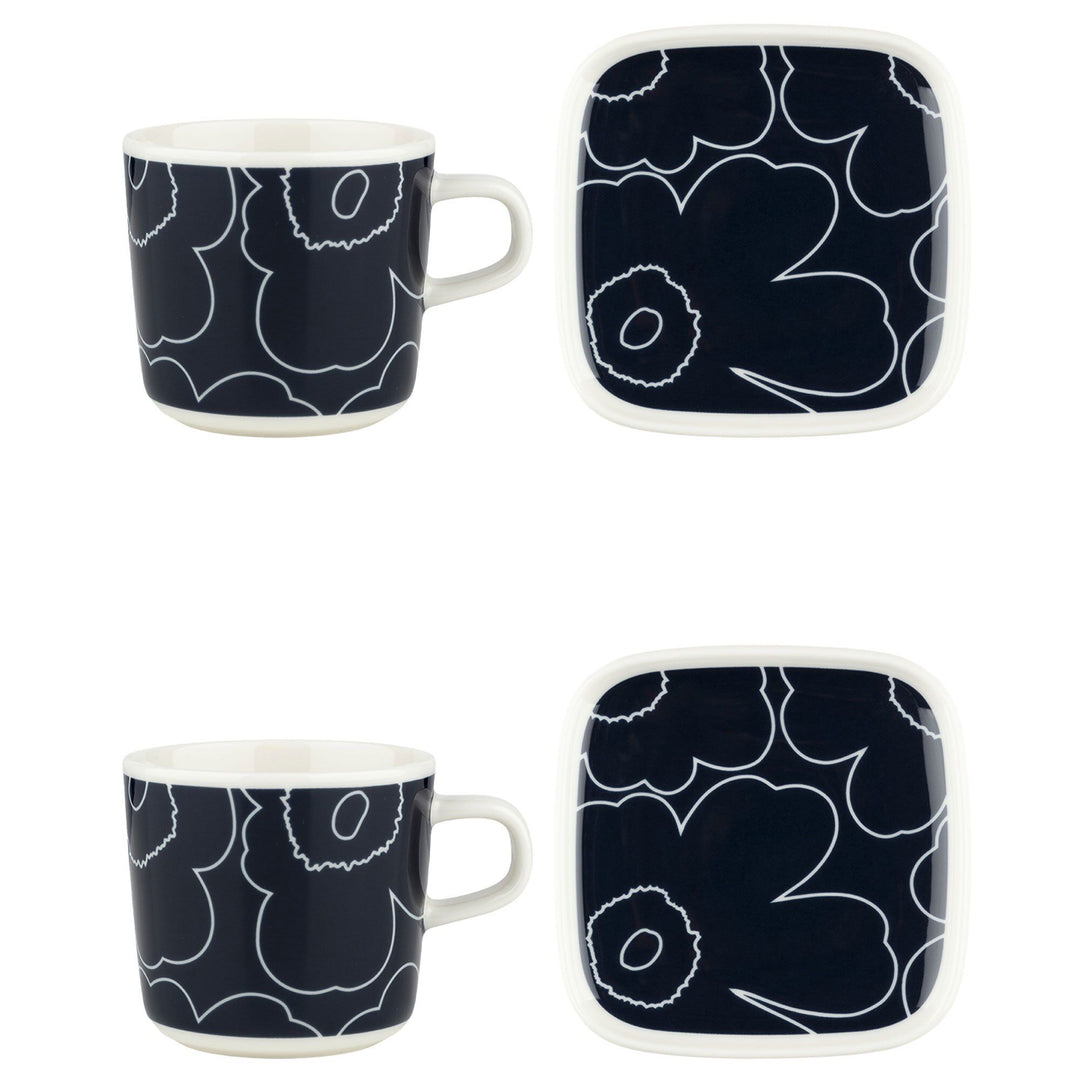 Marimekko Marimekko Unikko kaffekop med underkop, blå/hvid, 4 stk. ❤ frontbillede (Kopper med fad)