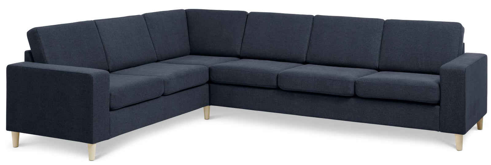 Produktbillede af Pan set 7 corner hjørnesofa blå polyester stof og natur træ i premium kvalitet