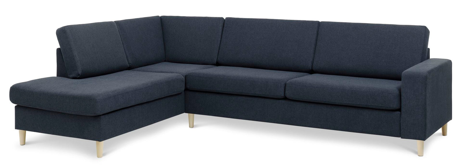 Produktbillede af Pan set 2 OE left sofa med chaiselong blå polyester stof og natur træ i premium kvalitet