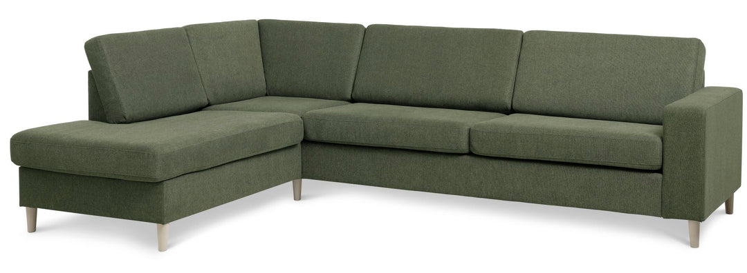 Pan set 2 OE left sofa med chaiselong vinter mosgrøn polyester stof og natur træ