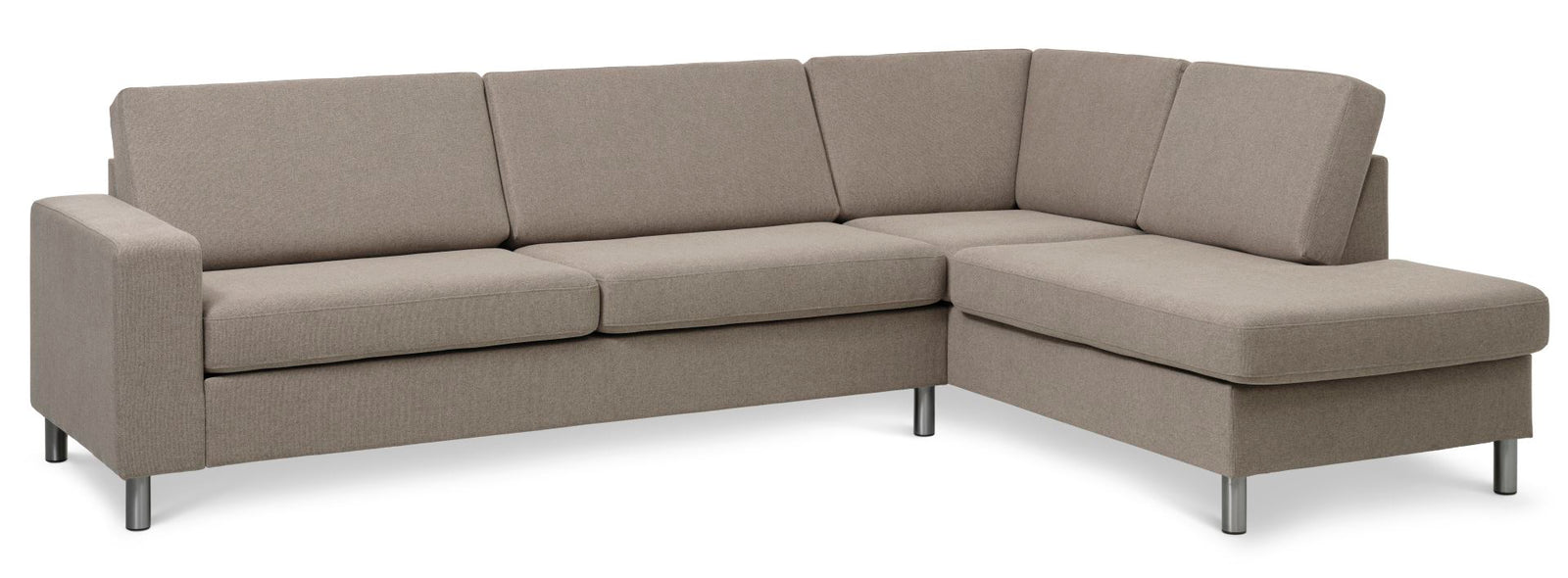Produktbillede af Pan set 3 OE right sofa med chaiselong antelope beige polyester stof og børstet aluminium i premium kvalitet