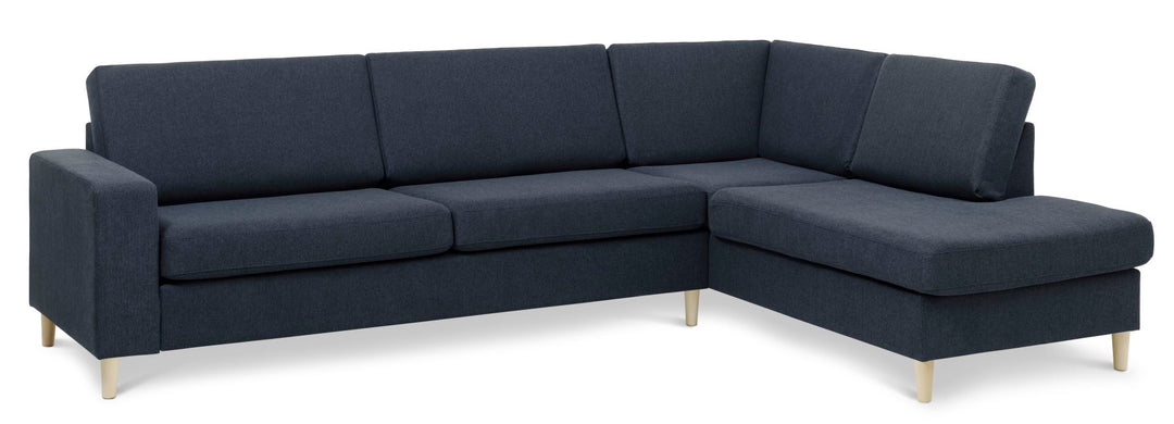 Pan set 3 OE right sofa med chaiselong blå polyester stof og natur træ