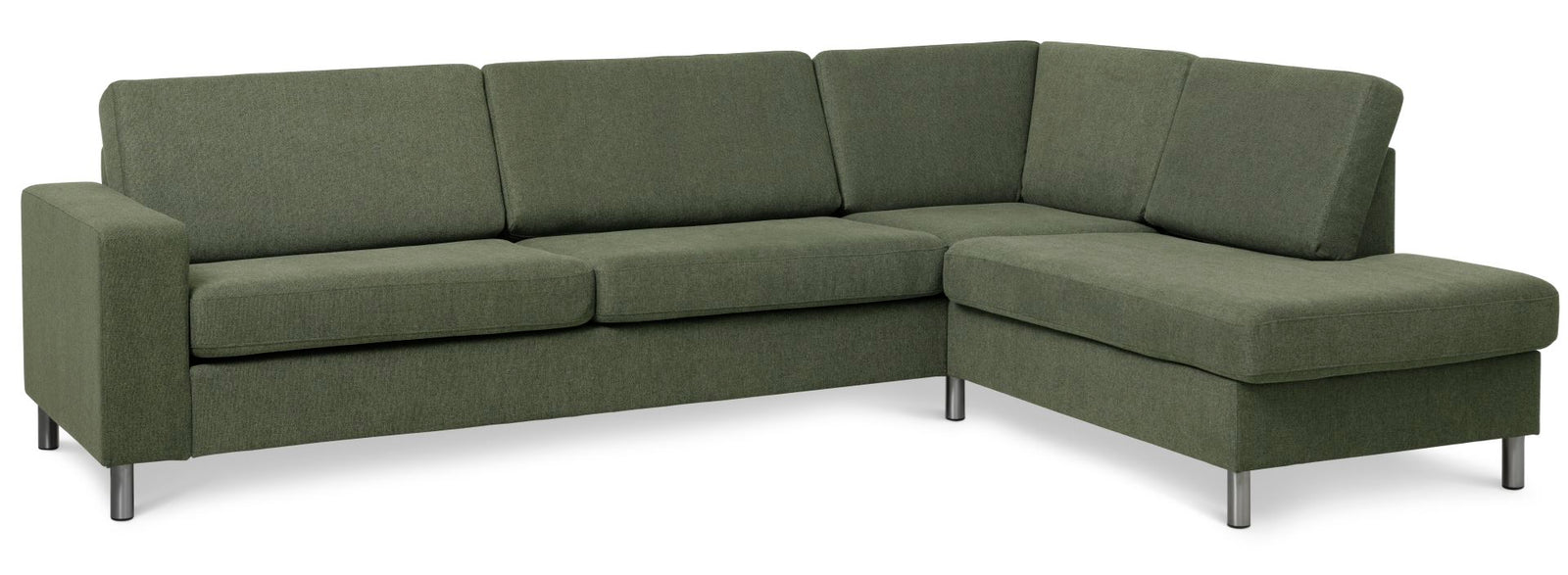 Produktbillede af Pan set 3 OE right sofa med chaiselong vinter mosgrøn polyester stof og børstet aluminium i premium kvalitet
