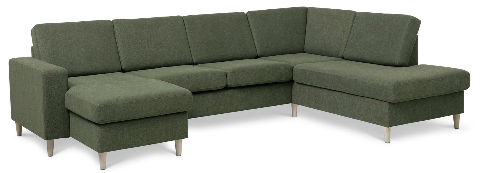 Produktbillede af Pan set 5 U OE right sofa med chaiselong vinter mosgrøn polyester stof og natur træ i premium kvalitet