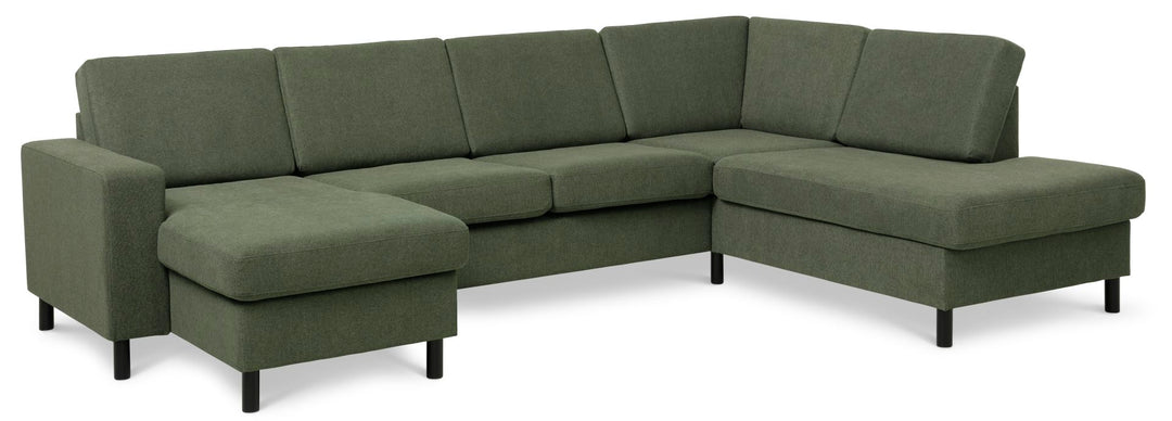 Produktbillede af Pan set 5 U OE right sofa med chaiselong vinter mosgrøn polyester stof og sort træ i premium kvalitet