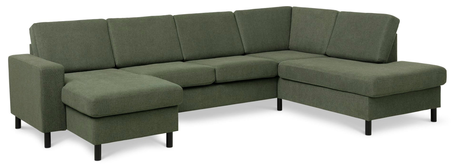 Produktbillede af Pan set 5 U OE right sofa med chaiselong vinter mosgrøn polyester stof og sort træ i premium kvalitet