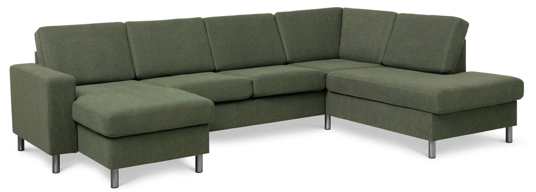 Produktbillede af Pan set 5 U OE right sofa med chaiselong vinter mosgrøn polyester stof og børstet aluminium i premium kvalitet