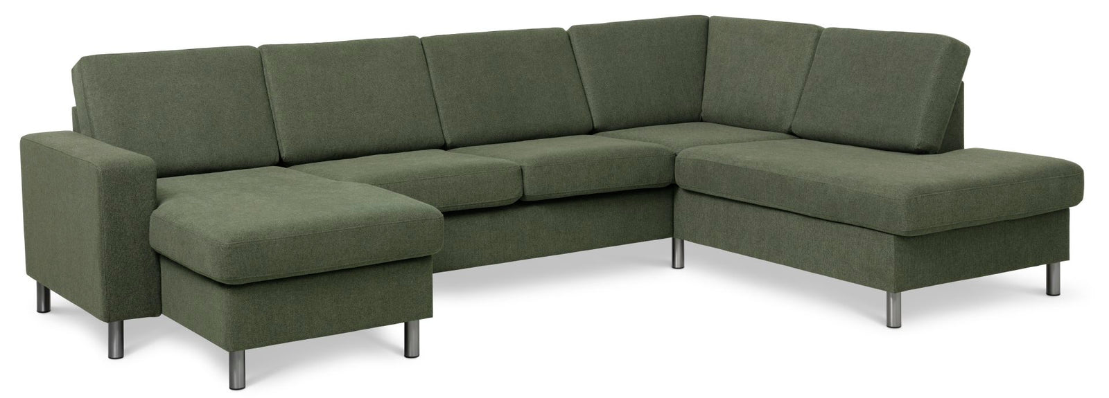 Produktbillede af Pan set 5 U OE right sofa med chaiselong vinter mosgrøn polyester stof og børstet aluminium i premium kvalitet