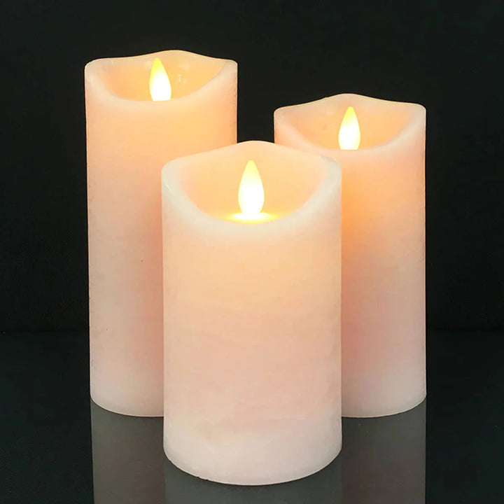 LED blok stearinlys RUSTIK 3 stk. 10/12,5/15 cm m/3D flamme (flere farver) Lys pink