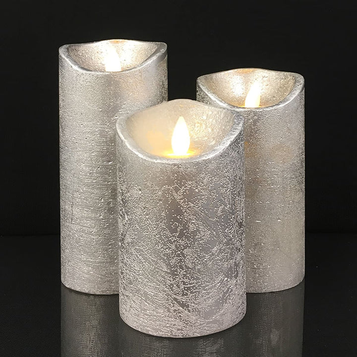 LED blok stearinlys RUSTIK 3 stk. 10/12,5/15 cm m/3D flamme (flere farver) Sølv