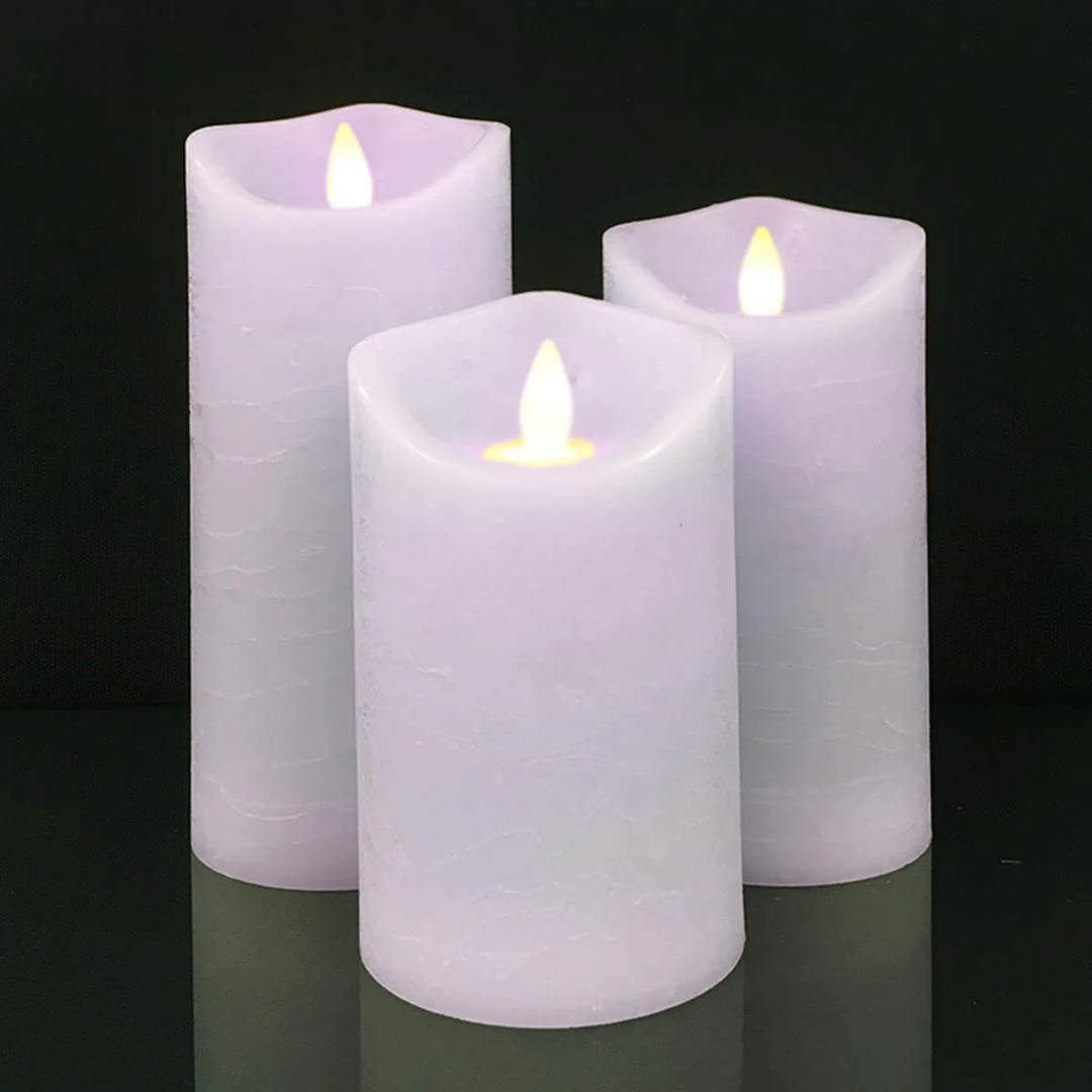 LED blok stearinlys RUSTIK 3 stk. 10/12,5/15 cm m/3D flamme (flere farver) Lys lilla