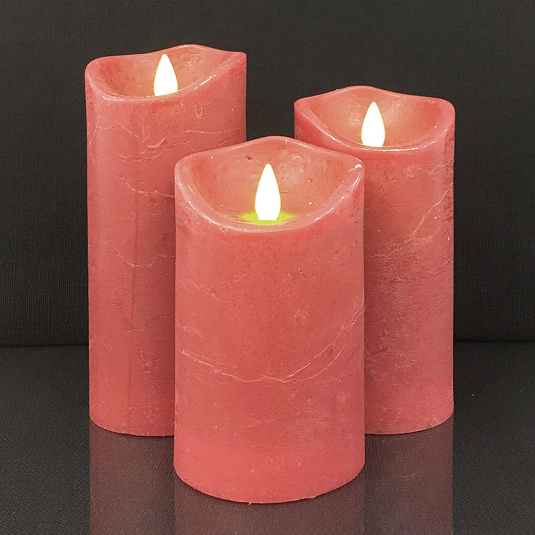 LED blok stearinlys RUSTIK 3 stk. 10/12,5/15 cm m/3D flamme (flere farver) Rød