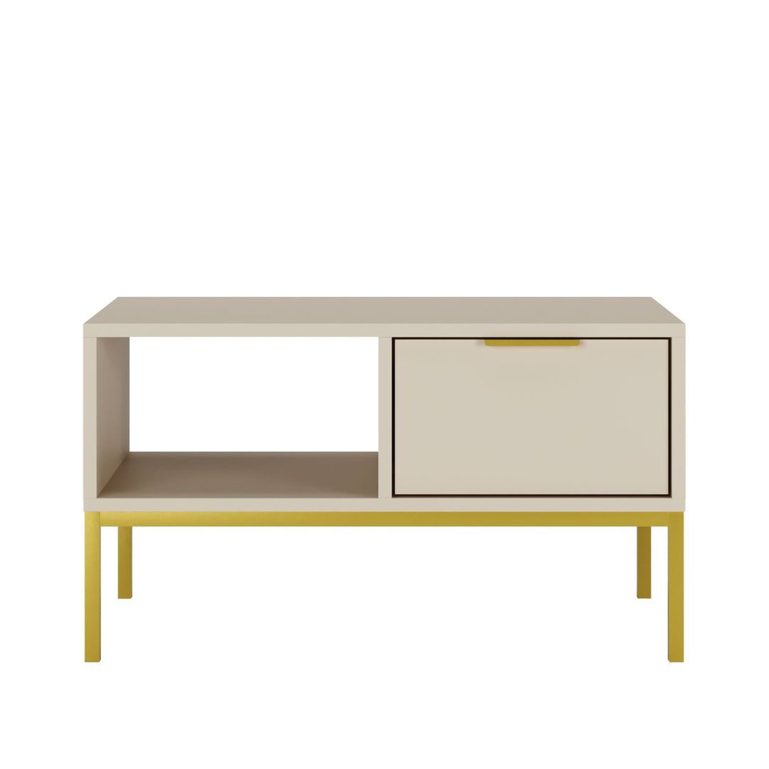 KOCOT Austin sofabord m. 1 åben hylde 2 skuffer cashmere lamineret spånplade guld stål 100x60