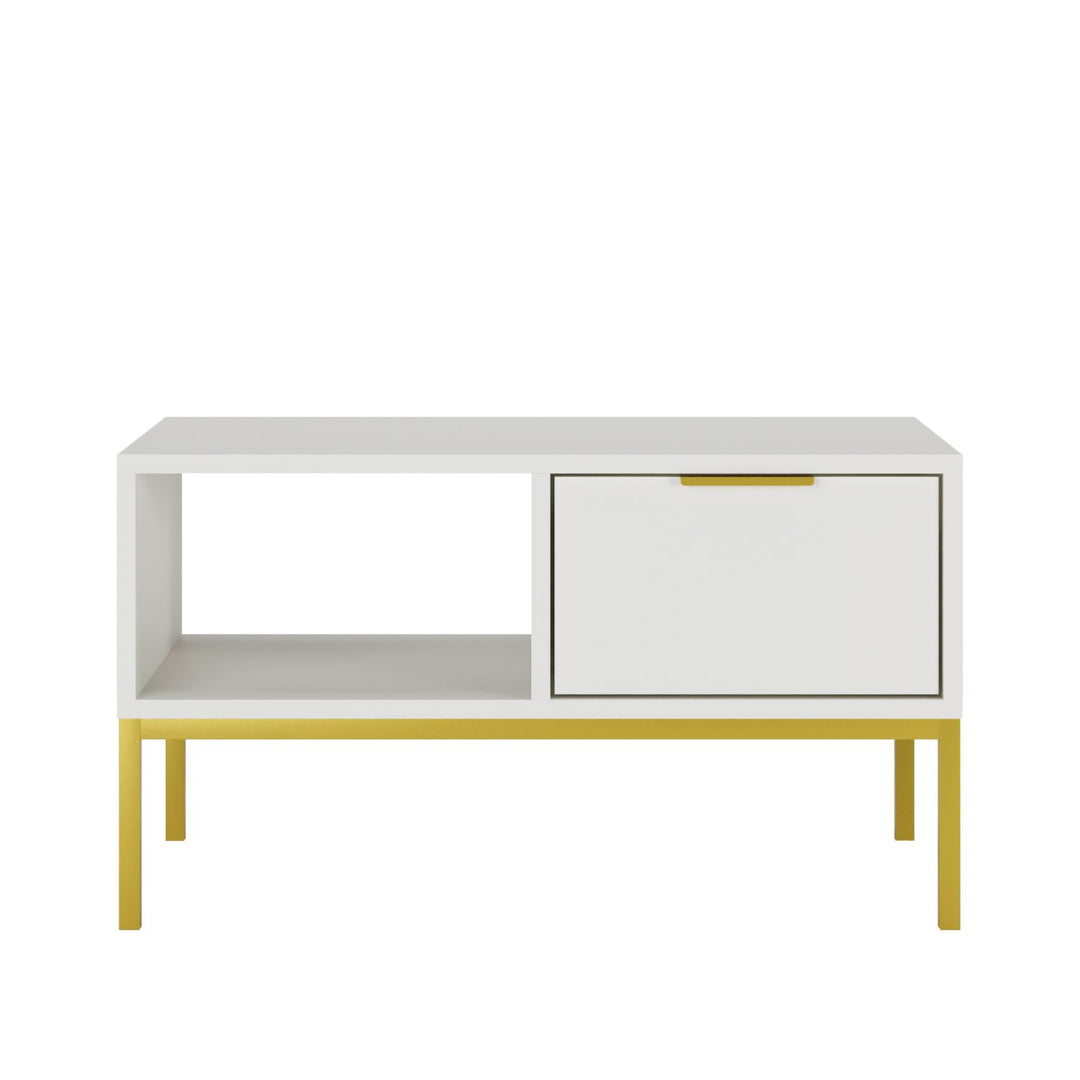 KOCOT Austin sofabord m. 1 åben hylde og 2 skuffer hvid lamineret spånplade og guld stål 100x60