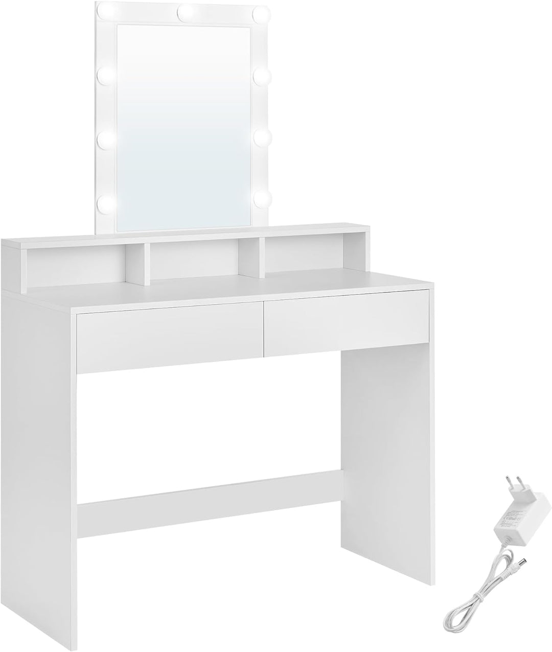 VASAGLE makeupbord m. LED lys med justerbar lysstyrke spejl 2 skuffer 3 rum hvid spånplade