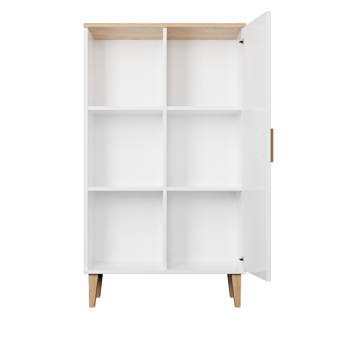 KOCOT Denver bogreol m. 1 låge og 4 hylder hvid og natur hickory spånplader H:120cm x80cm x 35cm