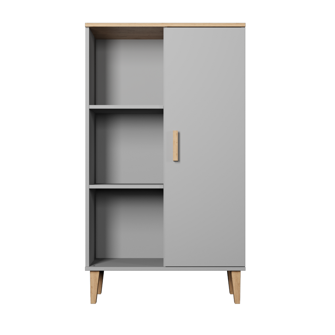 KOCOT Denver bogreol m. 1 låge og 4 hylder chinchilla grå og natur hickory spånplader H:120cm x80cm x cm