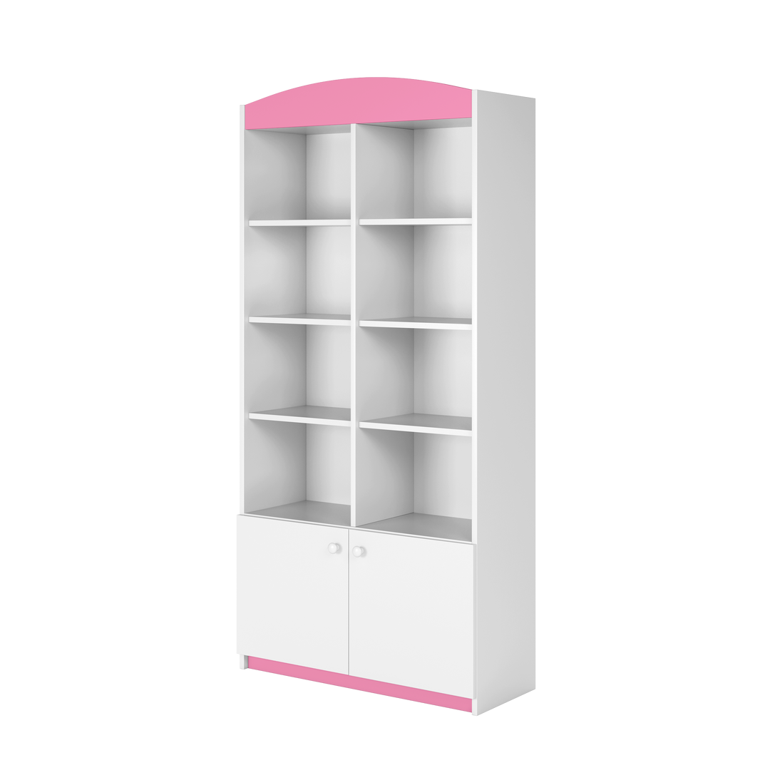 Babydreams børnereol m. 2 låger og 8 hylder hvid og lyserød laminat