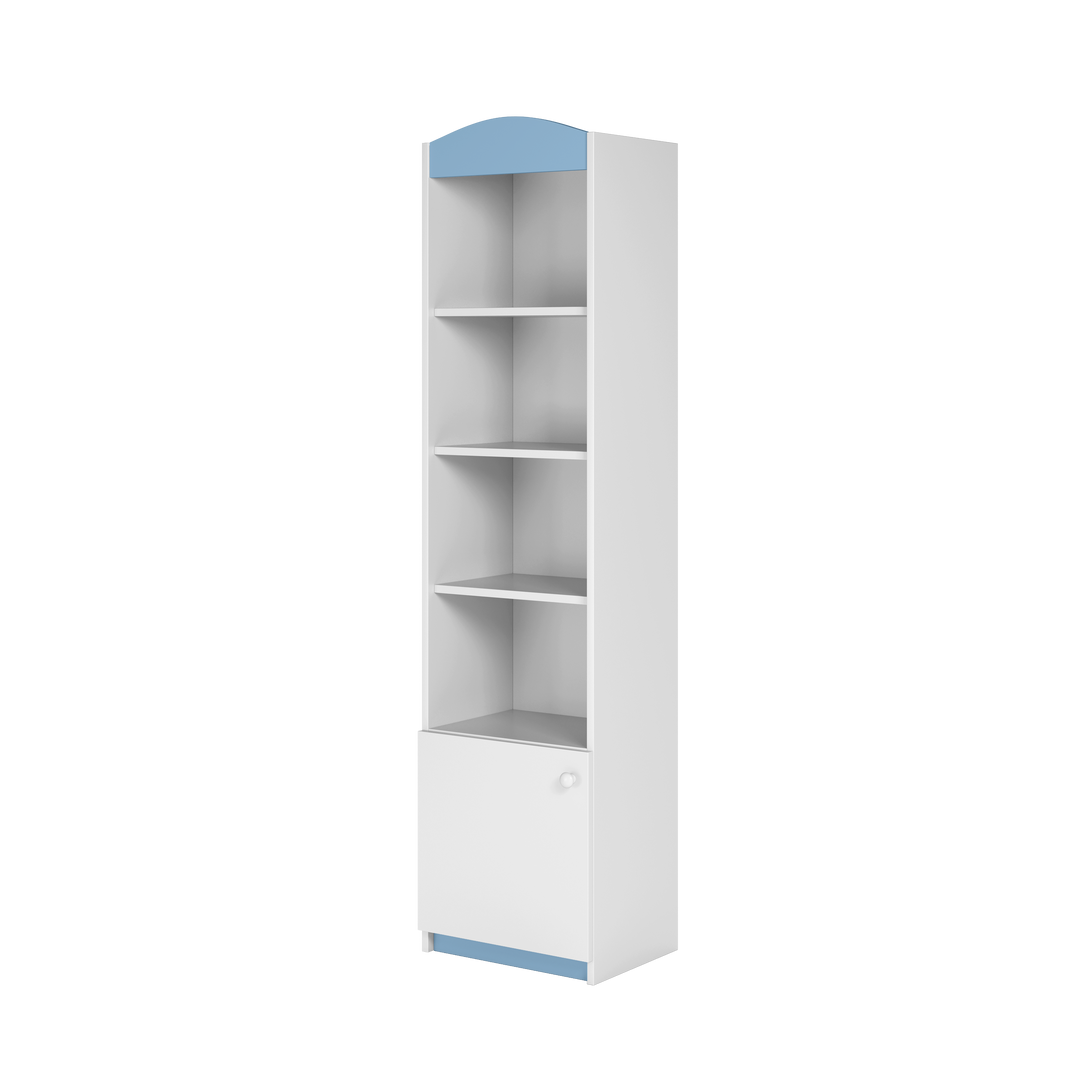 Classic børnereol m. 1 låge og 4 hylder hvid og blå laminat og MDF