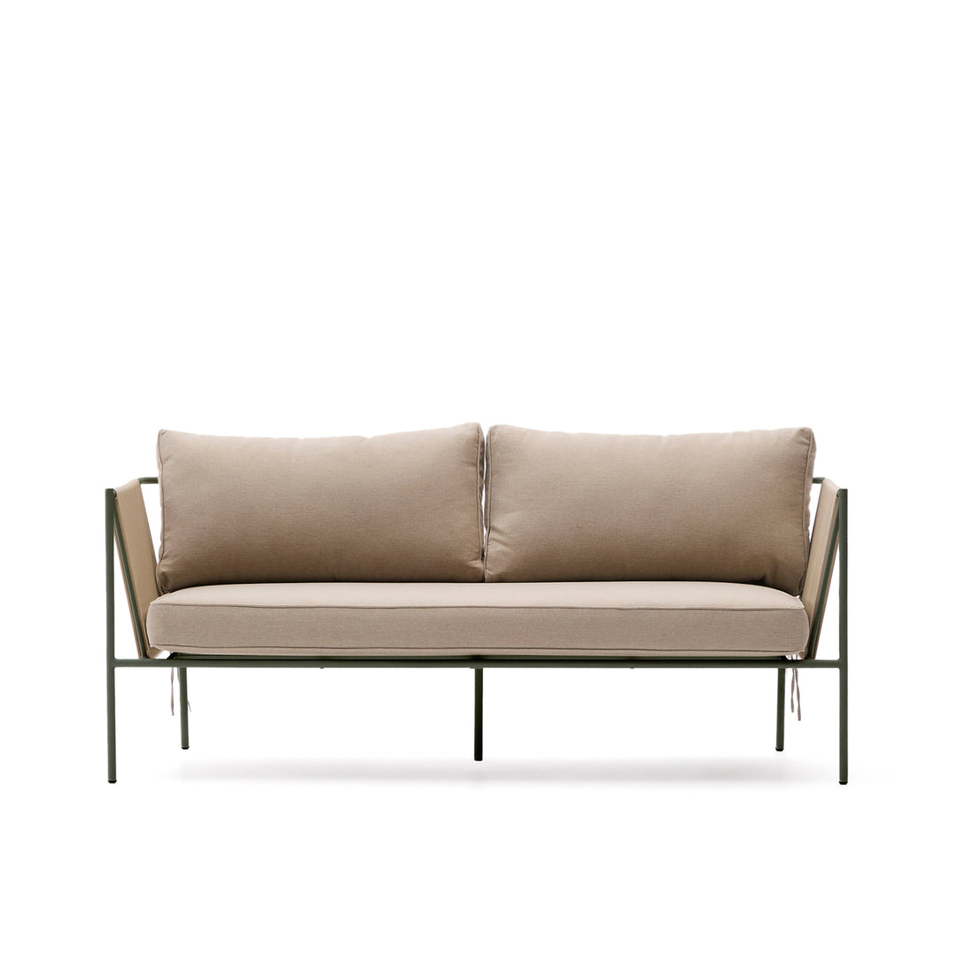 KAVE HOME Zivia udendørs 2 pers. sofa m. armlæn og hynder ecru rebsnor og grøn stål 178cm