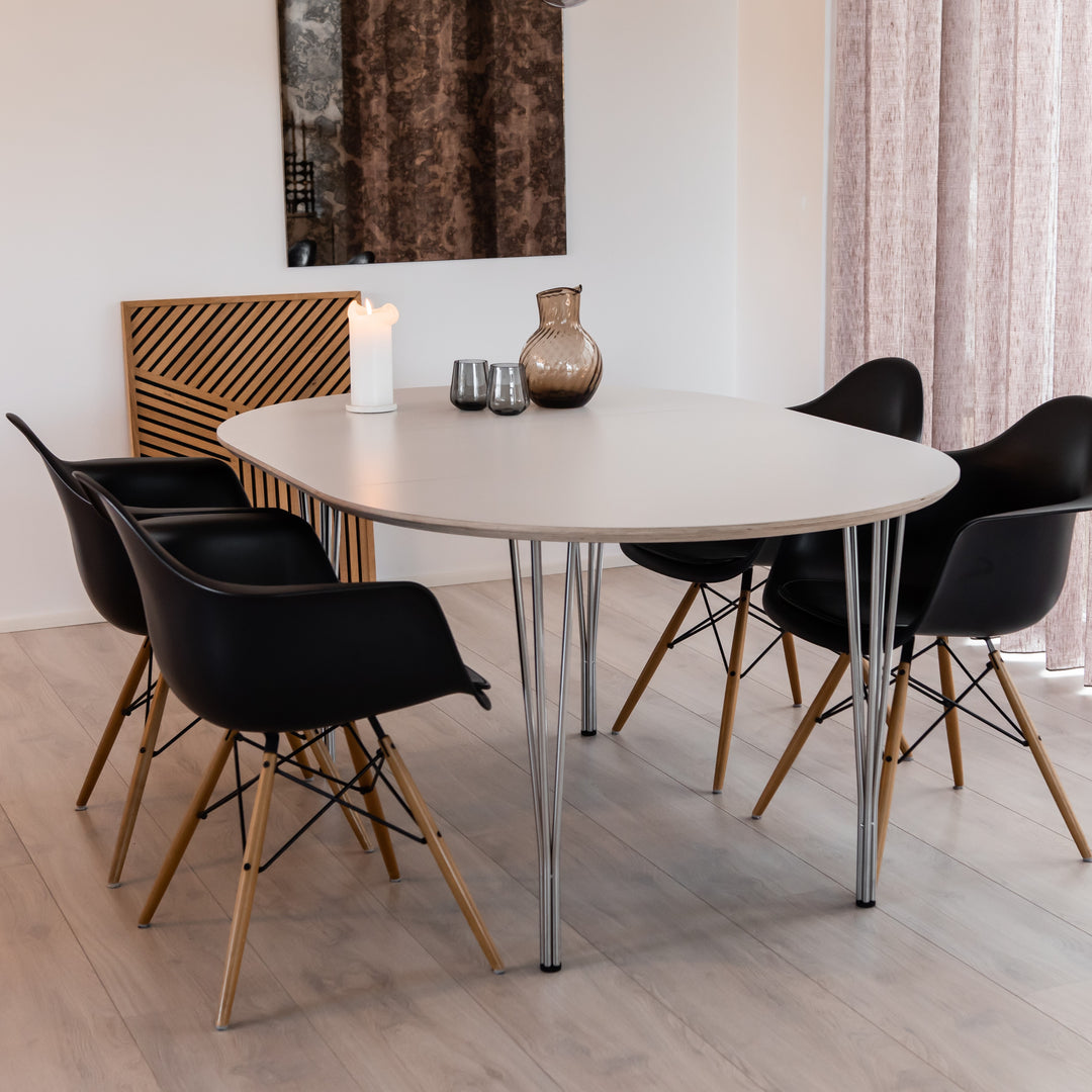 DT 100 Rundt spisebord med 2 tillægsplader i hvid laminat fire størrelser Bord med 2 tillægsplader ø 90 cm. + 2 x 50 cm.