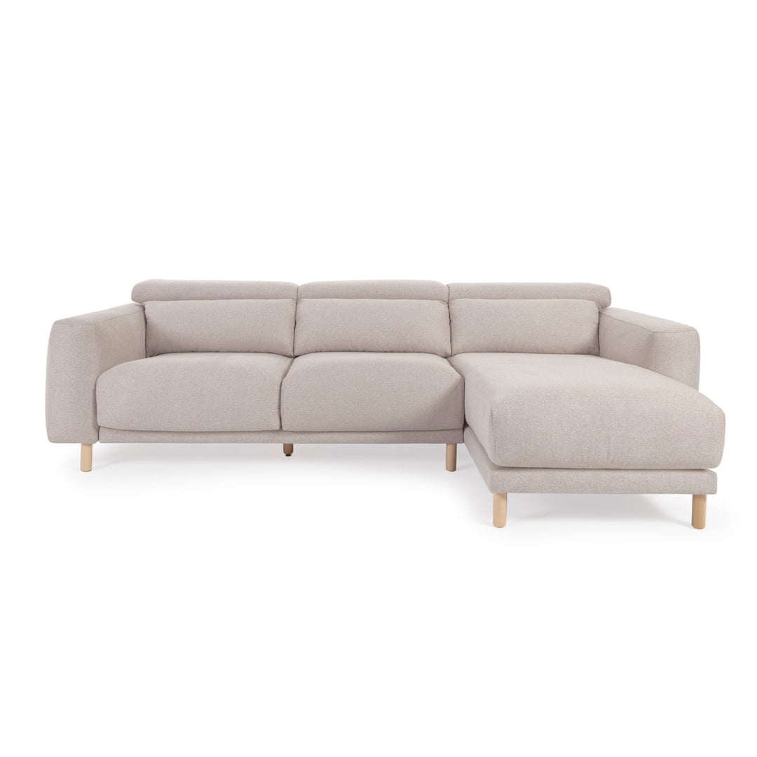 Produktbillede af KAVE HOME Singa 3 pers. sofa m. højre chaiselong beige stof og natur bøgetræ i premium kvalitet