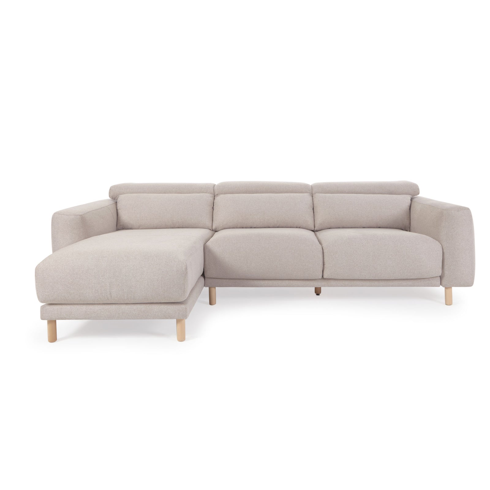Produktbillede af KAVE HOME Singa 3 pers. sofa m. venstre chaiselong beige stof og natur bøgetræ i premium kvalitet