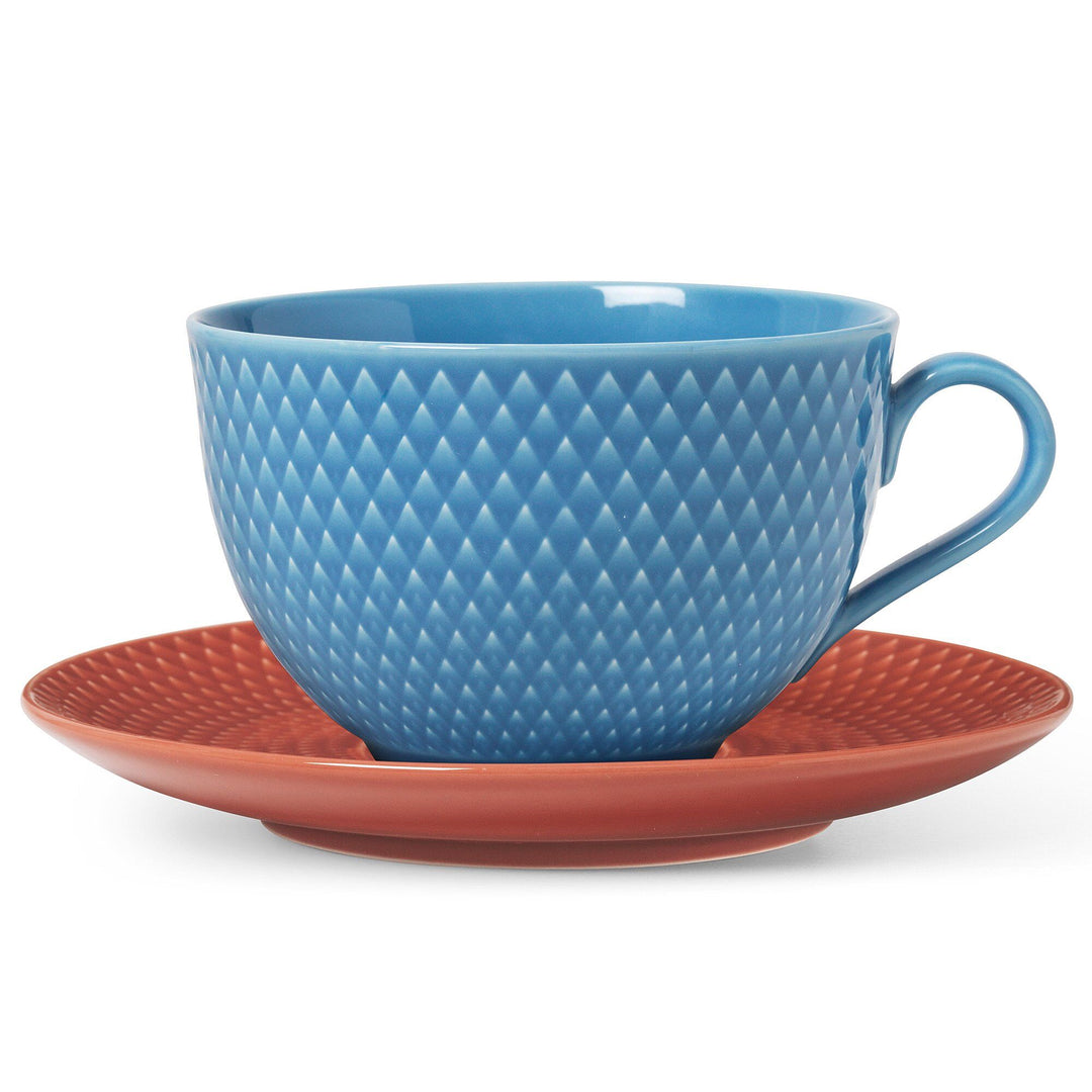 Lyngby porcelæn Lyngby porcelæn Rhombe Color tekop med underkop 39 cl. Blå/Terrakotta ❤ billede i brug (Tekopper)