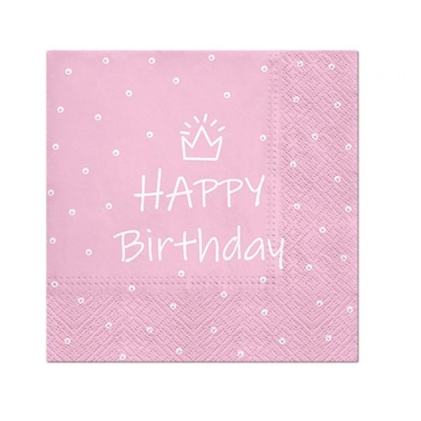 Produktbillede af Servietter Happy Birthday Lys Pink 33 x 33 Cm 20 Stk. på tilbud i brug