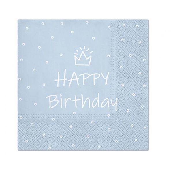 Produktbillede af Servietter Happy Birthday Lys Blå 33 x 33 Cm 20 Stk. på tilbud i brug