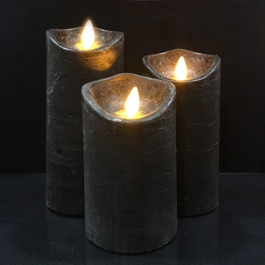 LED blok stearinlys RUSTIK 3 stk. 10/12,5/15 cm m/3D flamme (flere farver) Sort